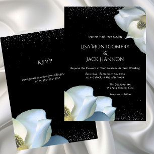 White Magnolia Elegant Floral on Black Wedding Invitation