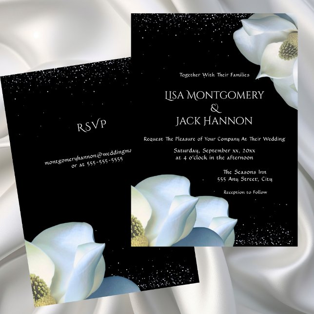 White Magnolia Elegant Floral on Black Wedding Invitation (White Magnolia Elegant Floral on Black Wedding Invitation - Confetti)