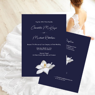 White Magnolia Elegant Floral on Navy Wedding  Invitation