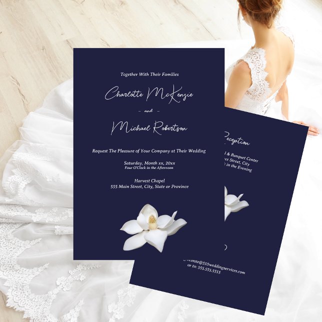 White Magnolia Elegant Floral on Navy Wedding  Invitation (Navy and White Magnolia Elegant Floral Wedding Invitation)
