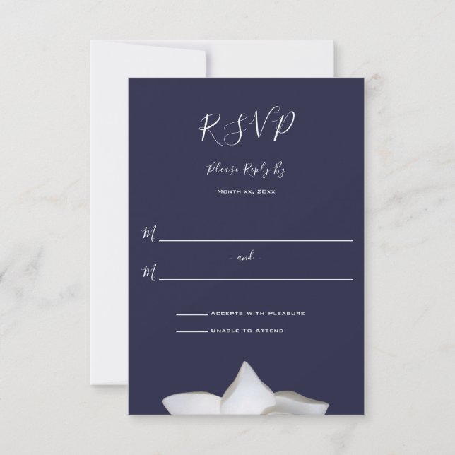 White Magnolia Elegant Floral on Navy Wedding  RSVP Card (Front)