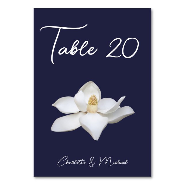 White Magnolia Elegant Floral on Navy Wedding Table Number (Front)