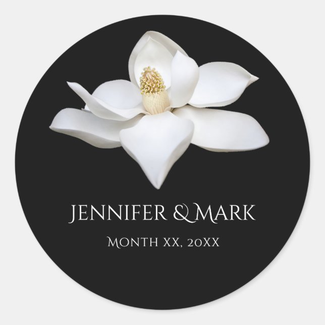 White Magnolia Elegant Wedding Black and White Classic Round Sticker (Front)