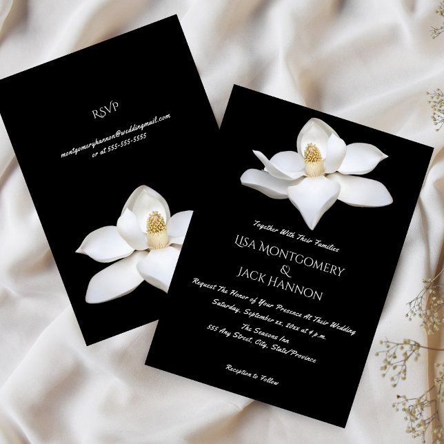 White Magnolia Elegant Wedding Black White Floral  Invitation (White Magnolia Elegant Wedding Black White Floral Invitation)