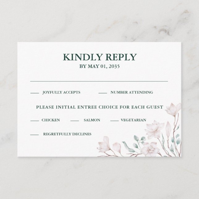 White Magnolia Emerald Green RSVP  Enclosure Card (Front)