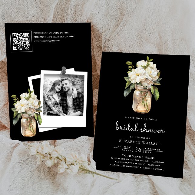 White Magnolia Floral Black QR Code Bridal Shower Invitation (Creator Uploaded)
