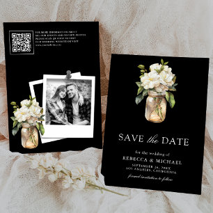 White Magnolia Floral Black QR Code Wedding Photo Save The Date