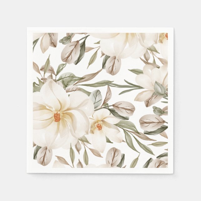 White Magnolia Floral Bridal Shower Greenery Napkin (Front)