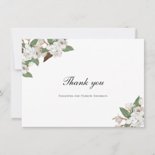 White Magnolia Floral Flowers Greenery Wedding  Thank You Card