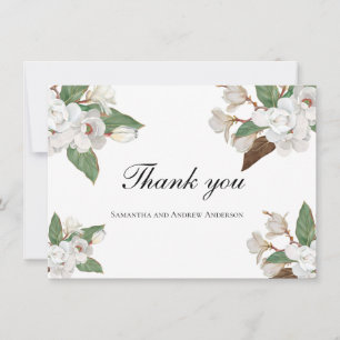White Magnolia Floral Flowers Greenery Wedding  Thank You Card