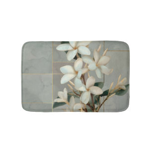 White Magnolia Floral Gold Line Marble Bath Mat