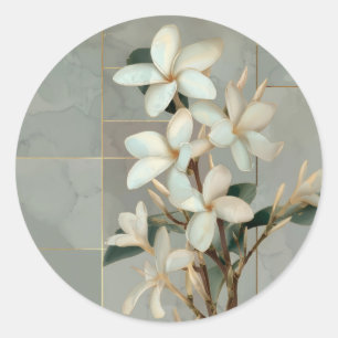 White Magnolia Floral Gold Line Marble Classic Round Sticker