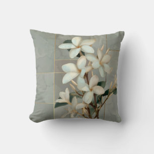 White Magnolia Floral Gold Line Marble Cushion