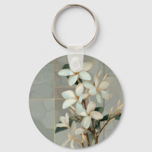 White Magnolia Floral Gold Line Marble Key Ring