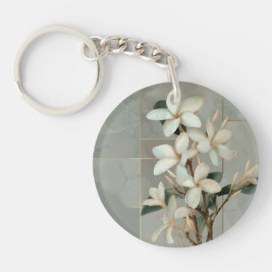 White Magnolia Floral Gold Line Marble Key Ring