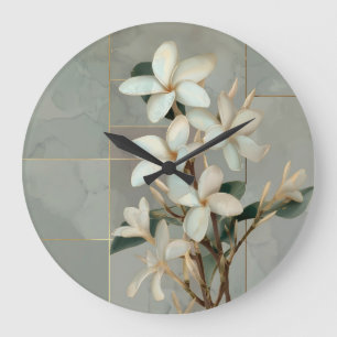 White Magnolia Floral Gold Line Marble Large Clock