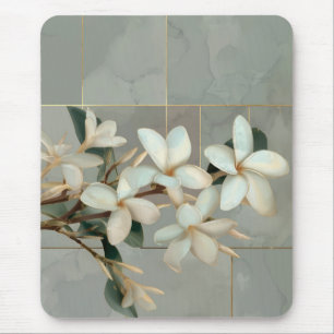 White Magnolia Floral Gold Line Marble Mouse Pad