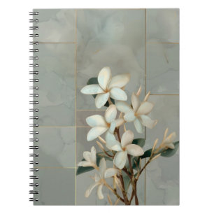 White Magnolia Floral Gold Line Marble Notebook