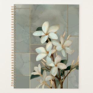 White Magnolia Floral Gold Line Marble Planner