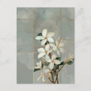 White Magnolia Floral Gold Line Marble Postcard
