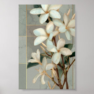 White Magnolia Floral Gold Line Marble Poster