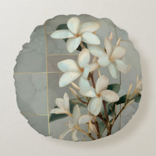 White Magnolia Floral Gold Line Marble Round Cushion