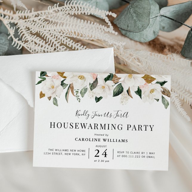 white magnolia floral housewarming party invitation (Creator Uploaded)