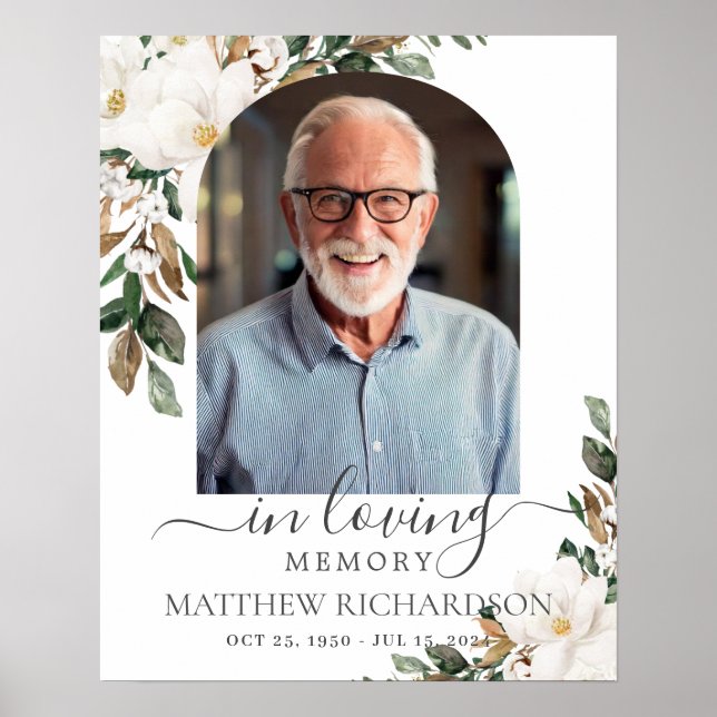 White Magnolia Floral Male Photo Funeral Memorial  Poster (Front)