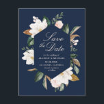 white magnolia floral navy blue save the date postcard<br><div class="desc">A trendy and modern floral design with watercolor flowers. The features on this card can be personalised.</div>