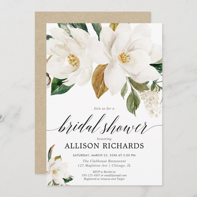 White magnolia floral rustic bridal shower invitation (Front/Back)