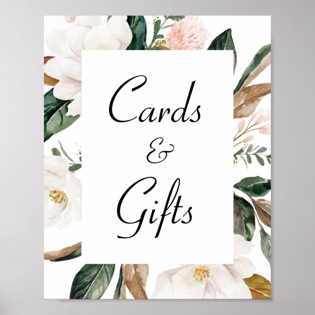 white magnolia floral wedding cards & gifts sign (Front)