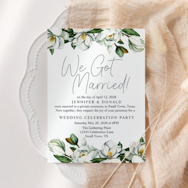 White Magnolia Floral Wedding Just Married Invitation (Creator Uploaded)