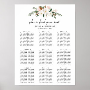 white magnolia floral wedding seating chart