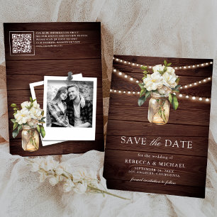 White Magnolia Floral Wood QR Code Wedding Photo Save The Date