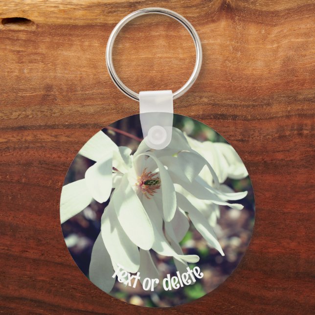 White Magnolia Flower Personalised Key Ring (Front)