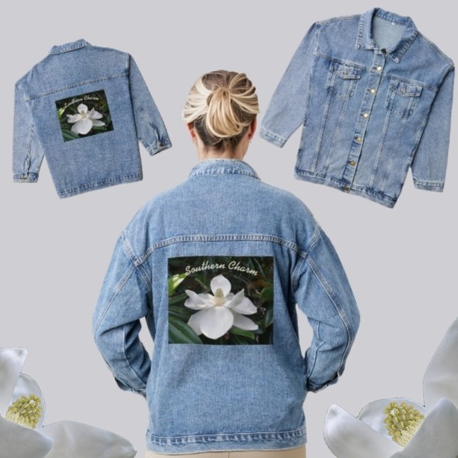 White Magnolia Flower Southern Charm Denim Jacket (Creator Uploaded)