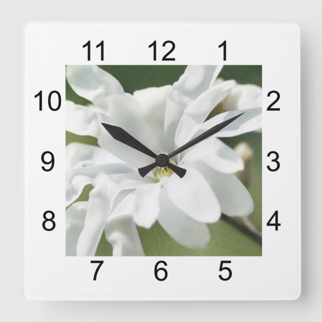 White Magnolia Flower Square Wall Clock (Front)