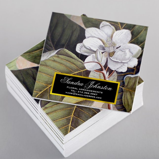White Magnolia Flower Vintage Botanical Square Business Card (Creator Uploaded)