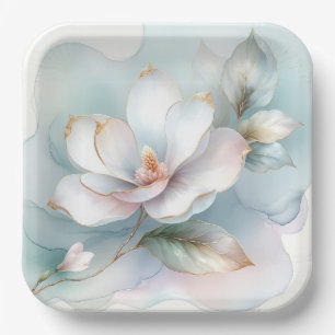 White Magnolia Flower With Gilded Edge Paper Plate