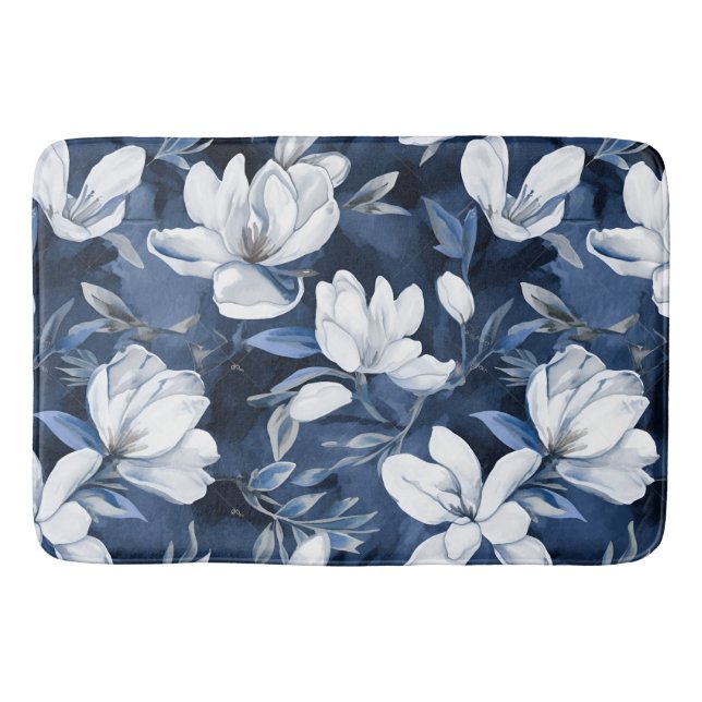 White Magnolia Flowers, Blue Background Bath Mat (Front)