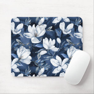 White Magnolia Flowers, Blue Background Mouse Pad