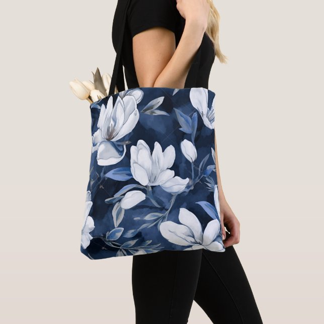 White Magnolia Flowers, Blue Background Tote Bag (Close Up)