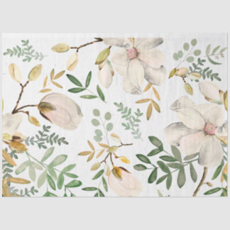 White Magnolia Flowers Gold Green Leaves Tissue Paper