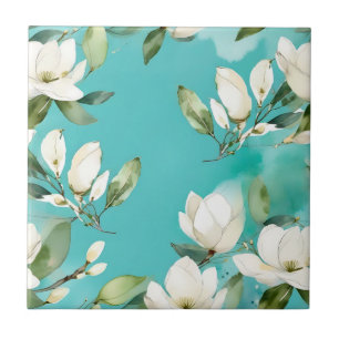 White Magnolia Garland with Eucalyptus Ceramic Tile