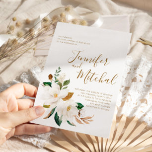  White Magnolia & Gold Floral Minimal Wedding Invitation