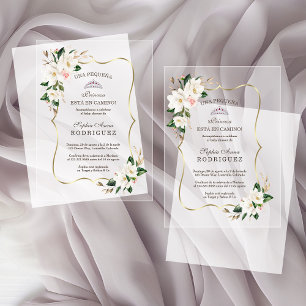 White Magnolia Gold Spanish Baby Shower Acrylic Invitations
