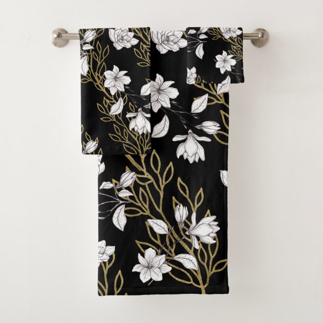 White Magnolia Gold Vines Black Bath Towel Set (Insitu)