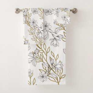 White Magnolia Gold Vines White Bath Towel Set