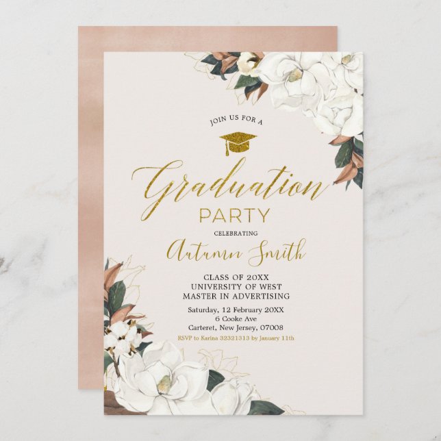White Magnolia Graduation Party Invitation (Front/Back)