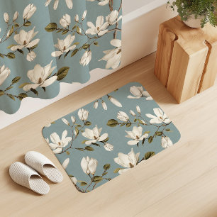 White Magnolia Grove on Duck Blue Elegant Floral  Bath Mat